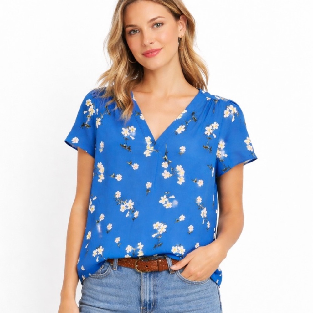 Hilary Radley Daisy Floral V Neck Tunic Top Flowy Boho Office Size S